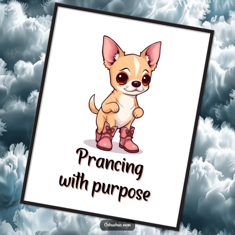 Funny poster art of a chihuahua wearing tiny boots, prancing proudly with confidence, perfect for adding whimsical charm to any room.