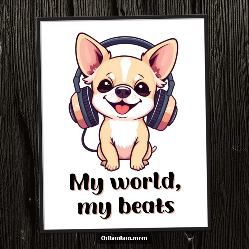 Funny Poster: a chihuahua joyfully wearing large headphones, capturing the spirit of music and humorous fun.