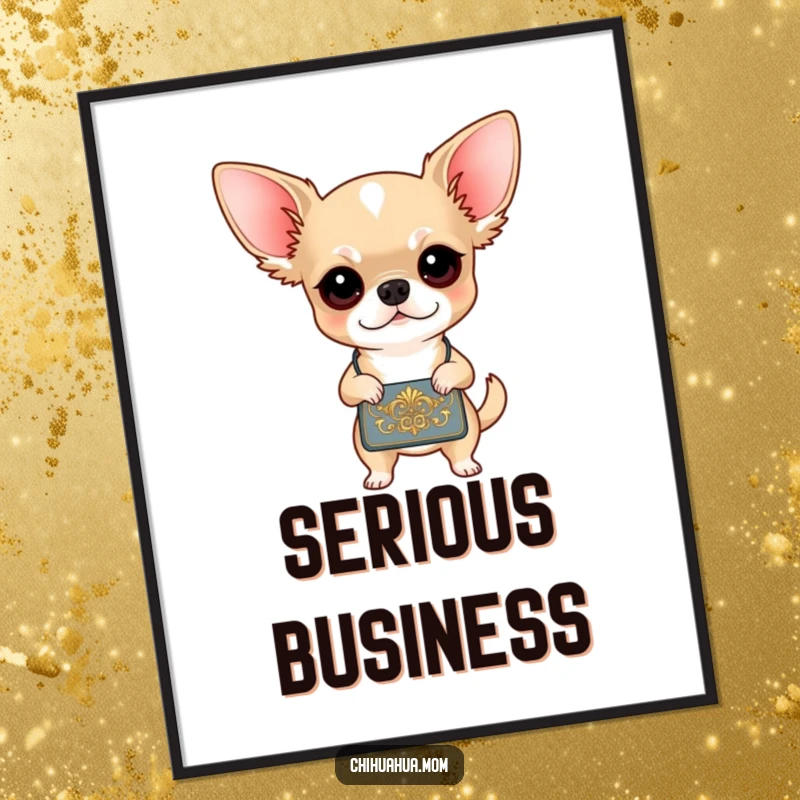 Funny Chihuahua Handbag Poster: A determined chihuahua with a tiny, elegant handbag, exuding confidence. Hilarious wall decor for dog lovers.