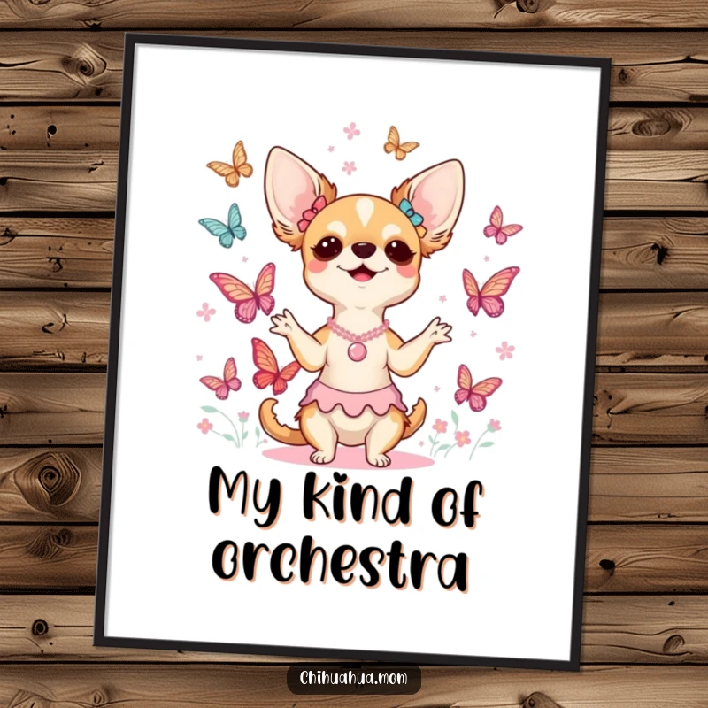 Funny chihuahua lady poster capturing her ecstatic moment conducting a magical choir of fluttering butterflies in a vibrant, artistic scene.