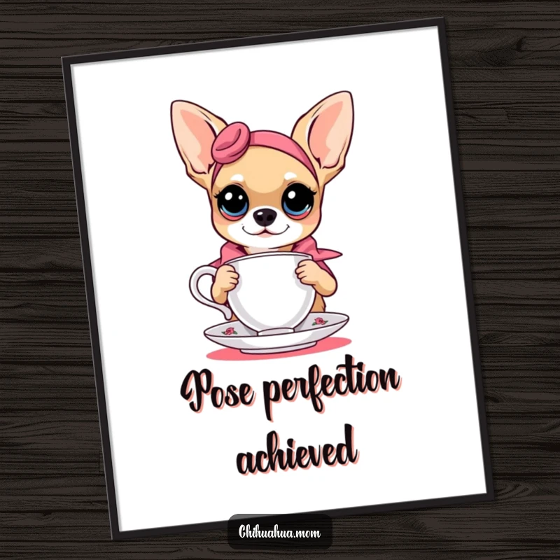 Funny chihuahua striking a high-fashion pose with a teacup, creating sophisticated and humorous wall art.
