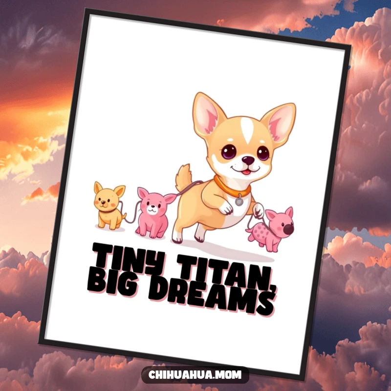 Funny poster of a small chihuahua holding a leash, guiding a delightful parade of miniature plush toys.