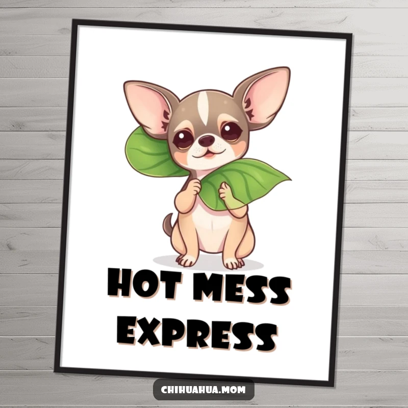 Funny chihuahua dramatically fanning itself with a large leaf, creating humorous wall art.