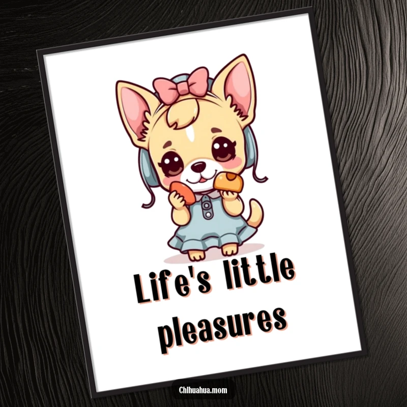 Funny Kawaii chihuahua lady poster showing a cute character offering a treat, perfect for whimsical decor.