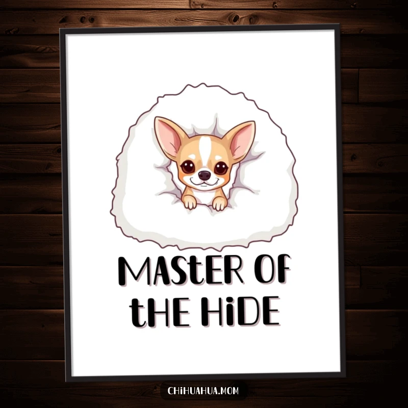 Funny Peekaboo Chihuahua Poster: A dog peeks from under a blanket. Charming and funny art.
