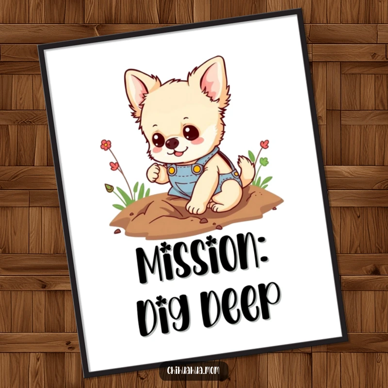 Funny poster of a fluffy chihuahua wearing overalls, happily digging a hole with determination, bringing a playful and motivated vibe.