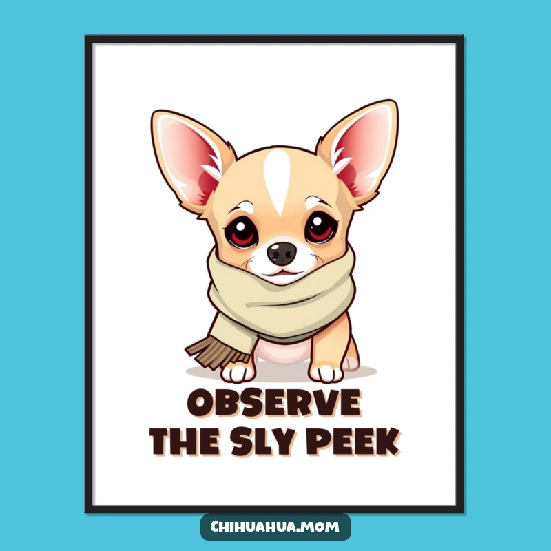 Funny Chihuahua Scarf Poster: Charming Pup's Peek-a-Boo Art, Perfect Funny Gift!
