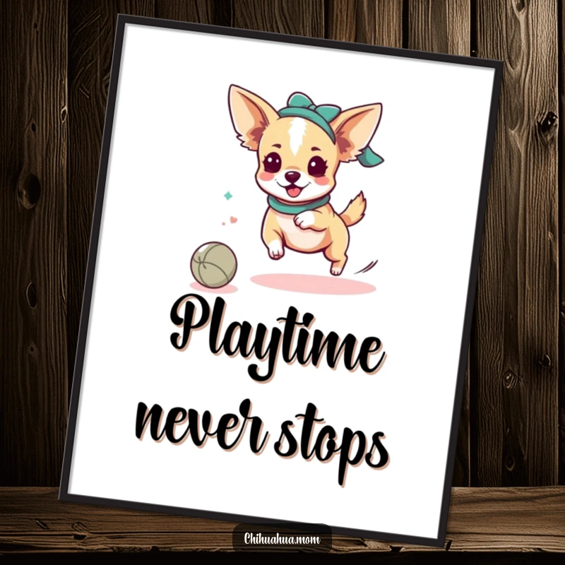 Funny Chihuahua Lady Poster: Kawaii character in motion, playfully chasing a rolling ball. Lively funny gift for any space.