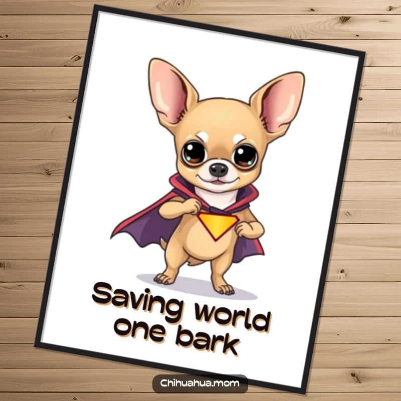 Funny Chihuahua Superhero Poster of a powerful chihuahua in a flowing cape, striking a heroic pose against a vibrant backdrop.
