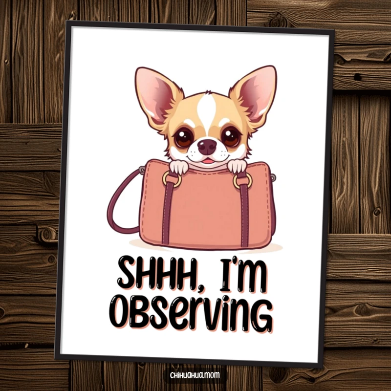 Funny startled chihuahua peeking out from behind a designer handbag, rendered as humorous wall art.