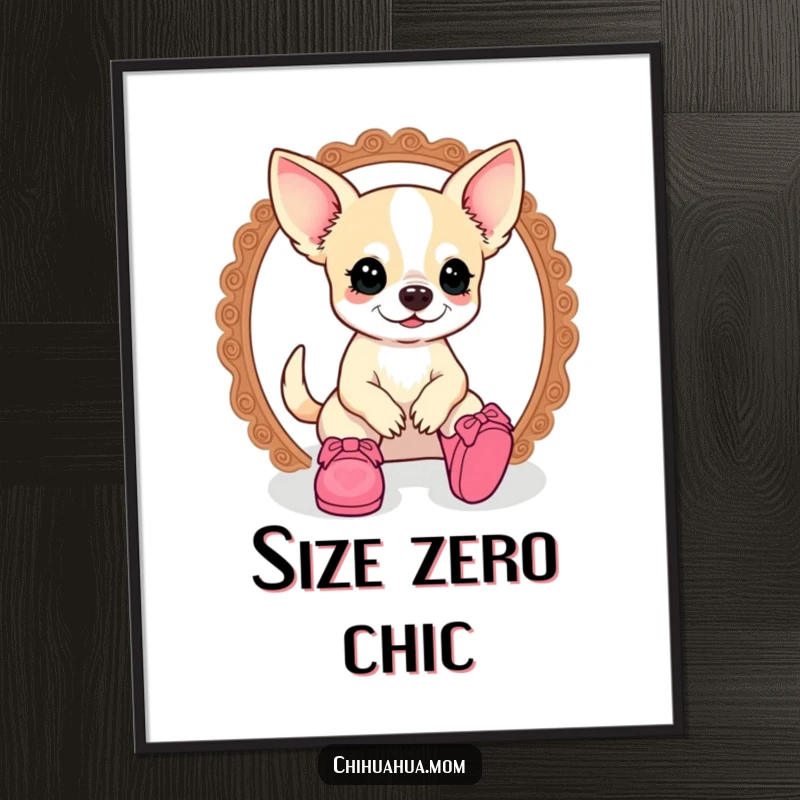 Funny kawaii chihuahua lady character precariously balanced in doll shoes, depicted in a humorous art print.
