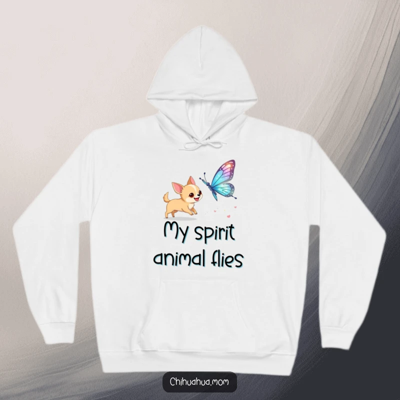 Funny Chihuahua Butterfly Hoodie: A dog excitedly chases a giant butterfly. Cozy and humorous.