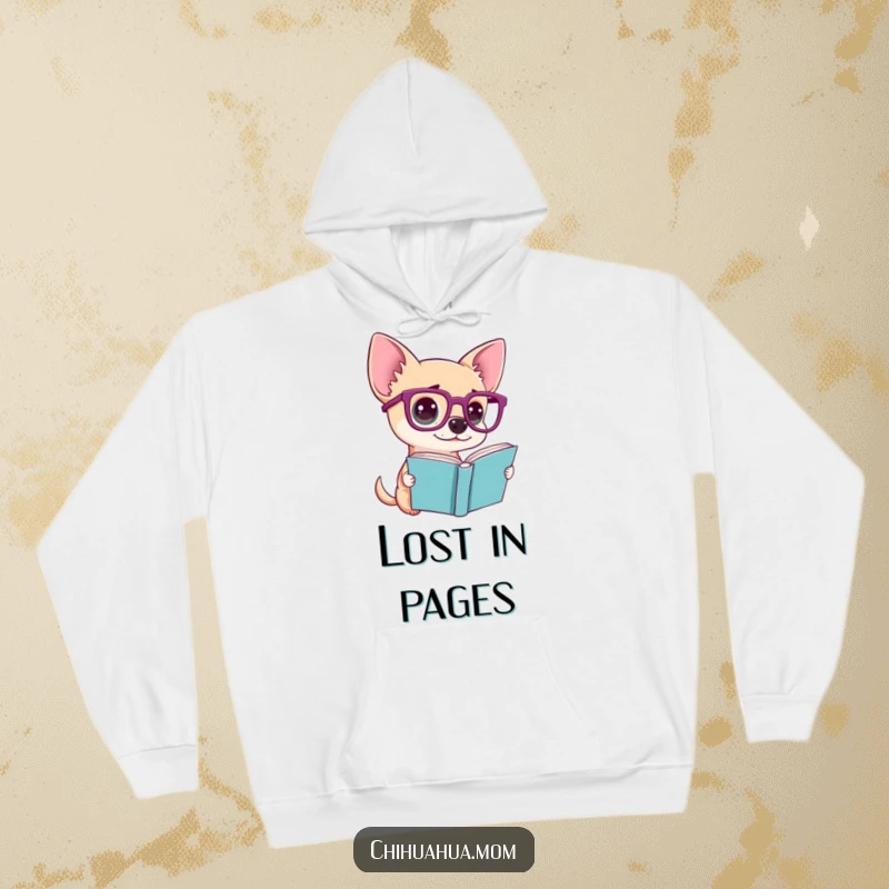 Funny hoodie with a chihuahua wearing large spectacles, looking perplexed at an open book, radiating intellectual confusion.