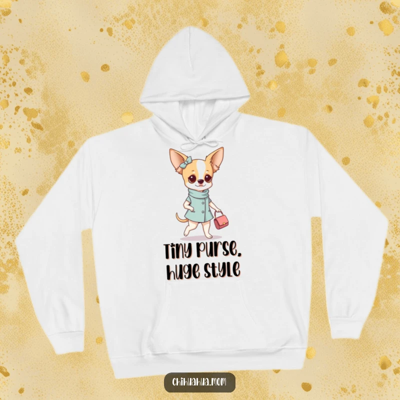 Funny fashionable chihuahua woman hoodie featuring her elegantly strutting with a miniature purse, embodying chic comfort and playful style.