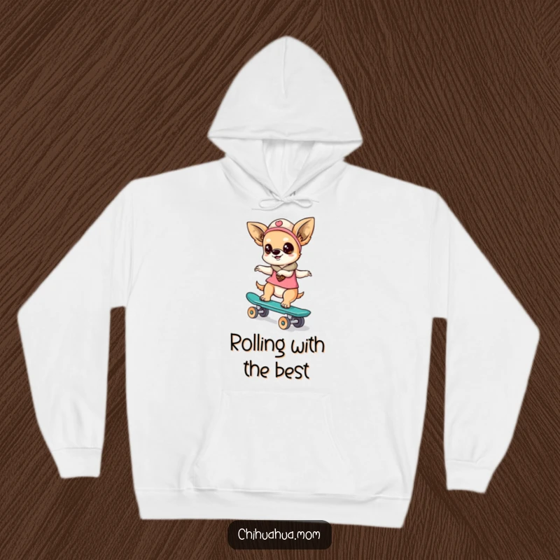 Funny kawaii chihuahua lady character wearing a hoodie, confidently riding a tiny skateboard, a cozy and action-packed scene.