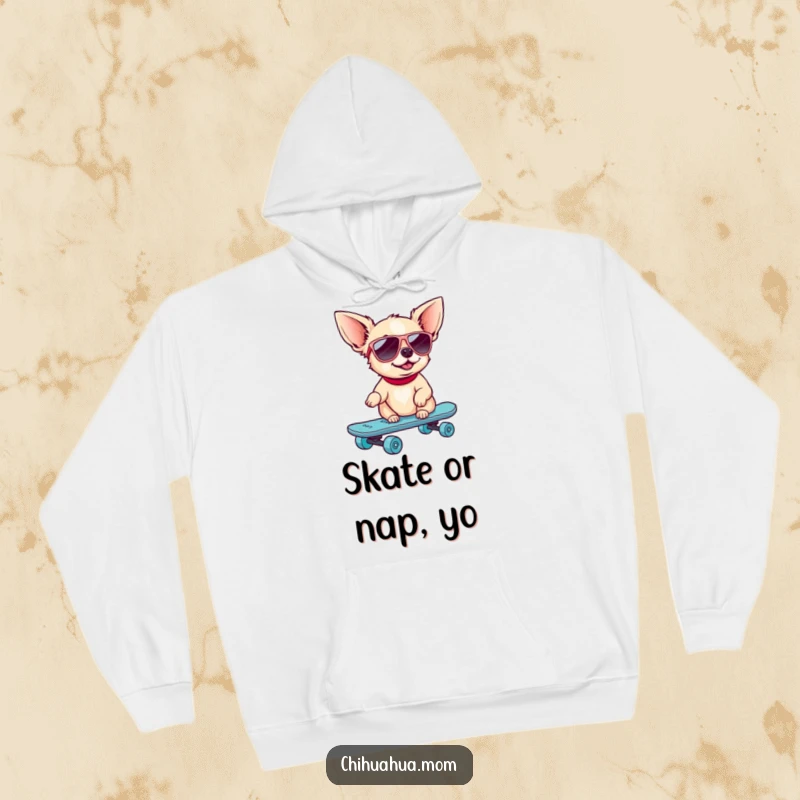 Funny Skater Chihuahua Hoodie: A dog in sunglasses rides a skateboard. Cozy and cool gift.