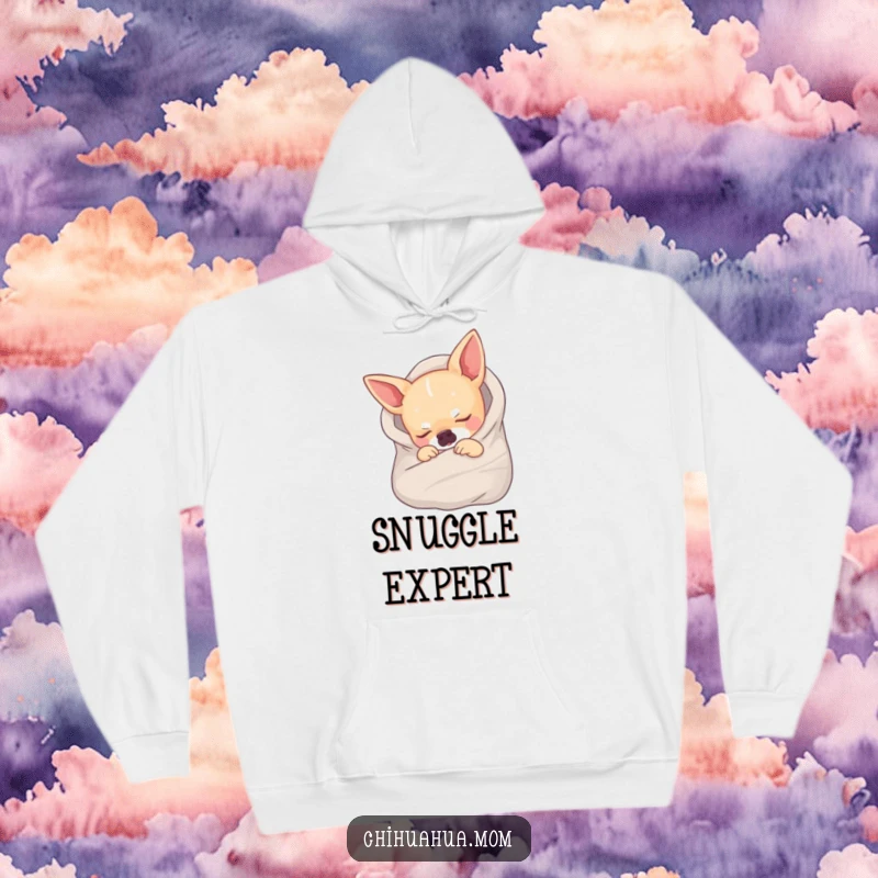 Funny hoodie with a chihuahua wrapped in a tiny blanket, fast asleep and dreaming sweet puppy dreams.