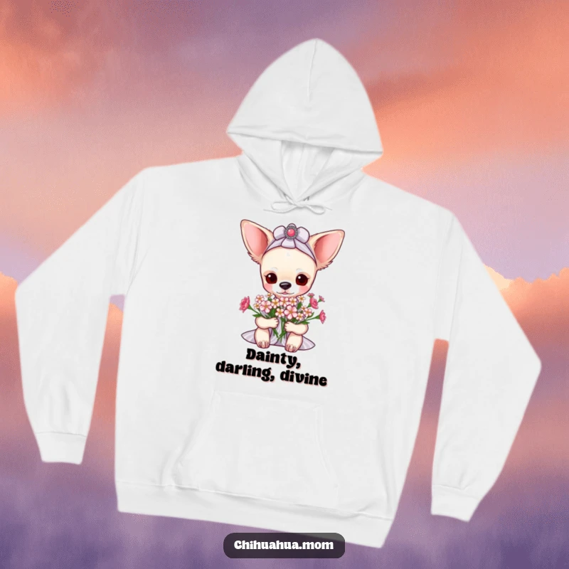 Funny pampered chihuahua lady hoodie featuring her cozily receiving a bouquet of tiny flowers, embodying sweet comfort and gentle delight.
