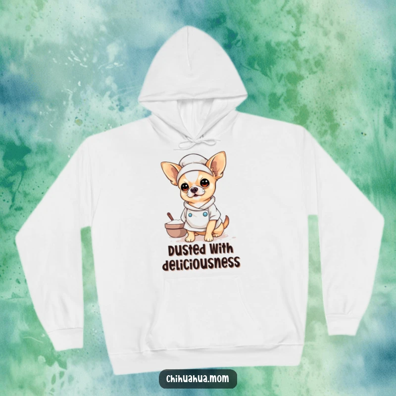 Funny Baker Chihuahua Hoodie showing a cute chihuahua dressed as a baker, happily covered in flour, ready for funny culinary adventures.