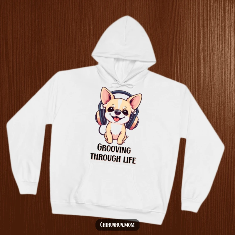 Funny Hoodie: a chihuahua gleefully sports large headphones, embodying a fun-loving, music-adoring personality.