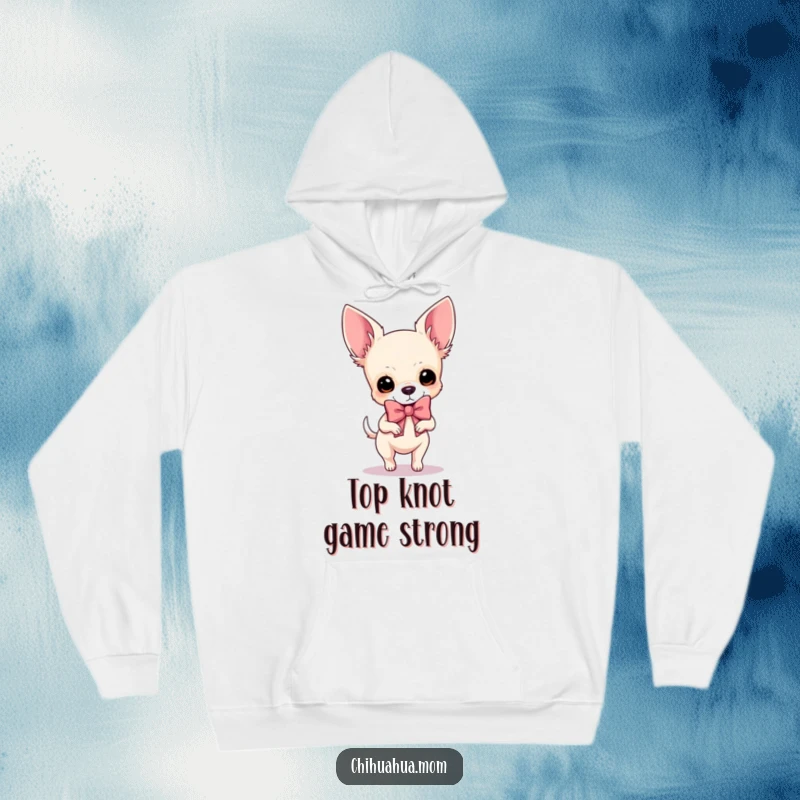 Funny Chihuahua Hoodie: A fashionable dog proudly prances around, adorned with a ridiculously large and glamorous bow.