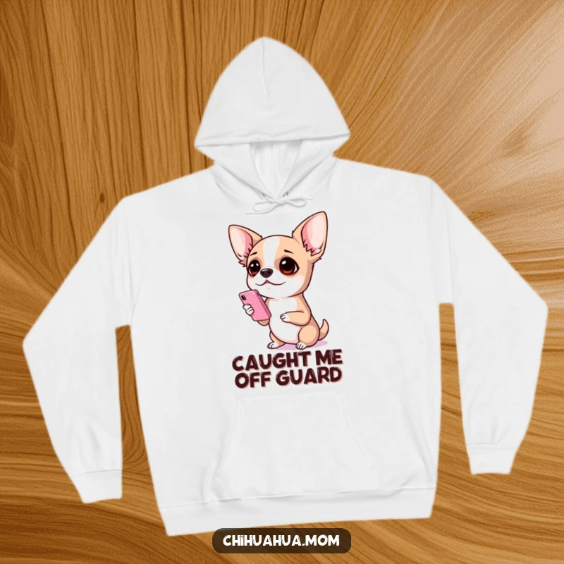 Funny Chihuahua Hoodie: A chihuahua in a cozy hoodie, staring at a tiny phone with a comically surprised and bewildered expression.