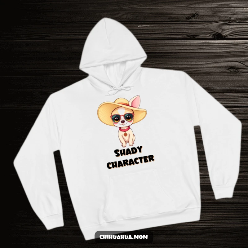 Funny chihuahua woman hoodie showing a tiny dog wearing a comically large sun hat. Comfortable and humorous apparel for lovers of small, stylish dogs.