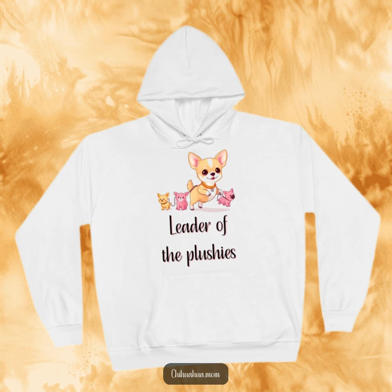 Funny hoodie depicting a small chihuahua holding a leash attached to a procession of tiny, assorted plush toys.