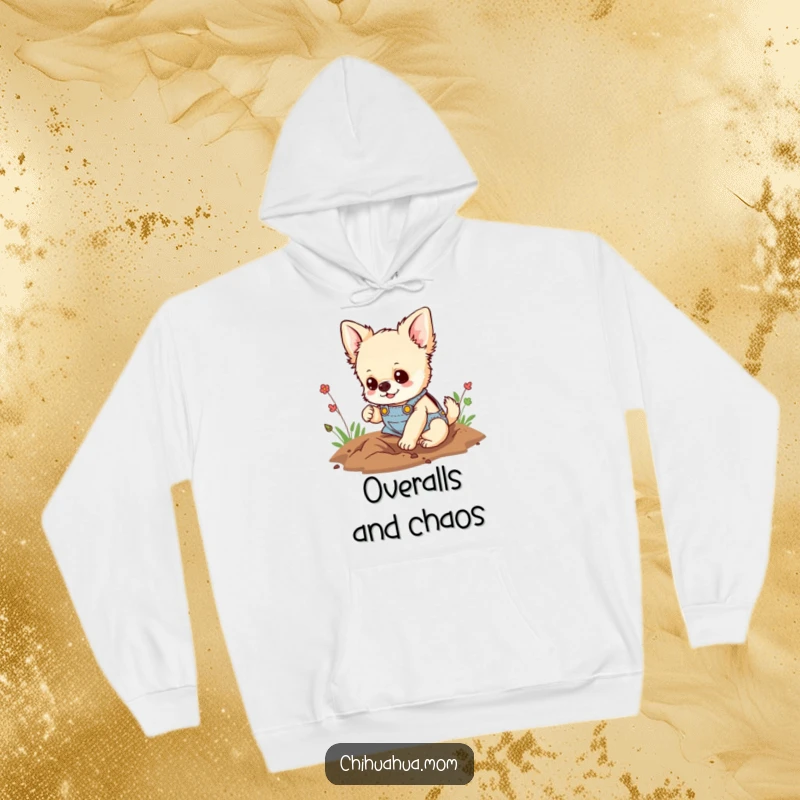 Funny hoodie showcasing a fluffy chihuahua in tiny overalls, happily digging a hole, offering warmth and a spirit of determined adventure.
