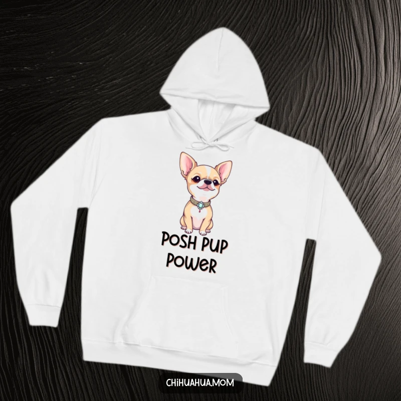 Funny proud chihuahua displaying a tiny, bejeweled collar on a warm and humorous hoodie.