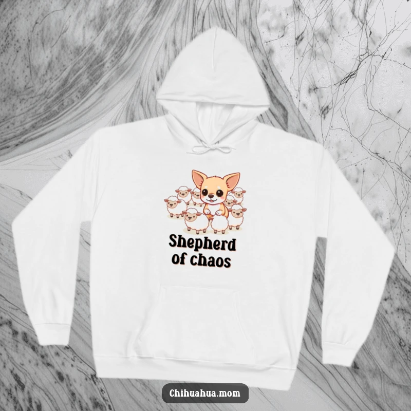 Funny determined chihuahua herding tiny sheep, designed for a warm and humorous hoodie.