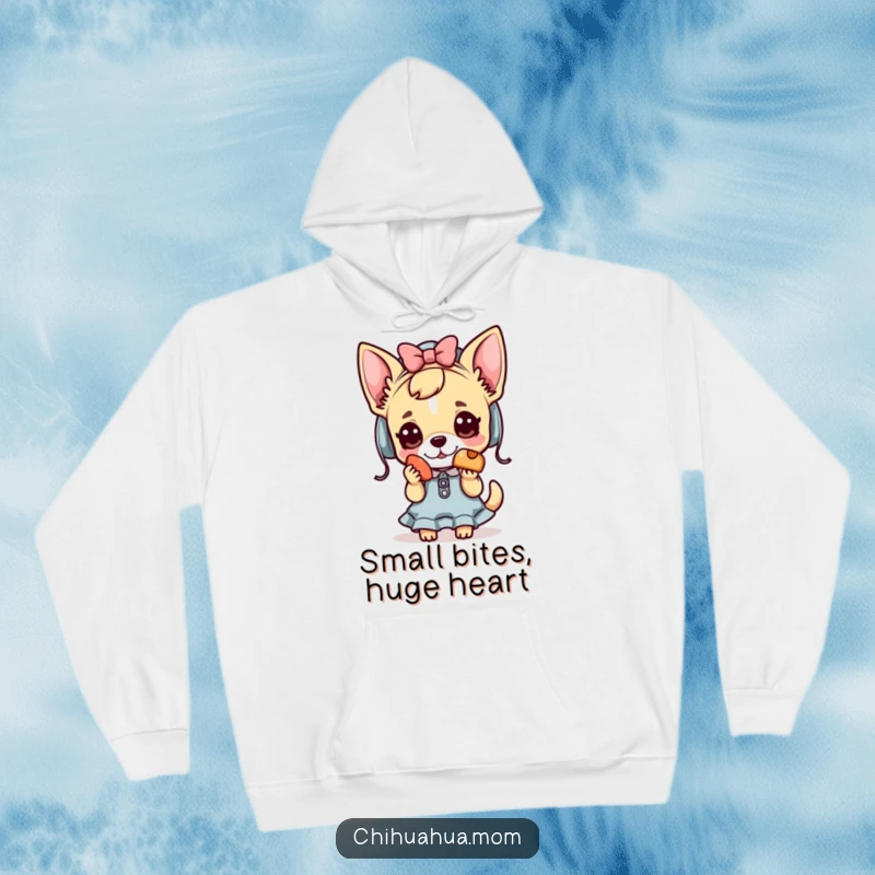 Funny Kawaii chihuahua lady hoodie with a character offering a treat, perfect for cozying up with humor.
