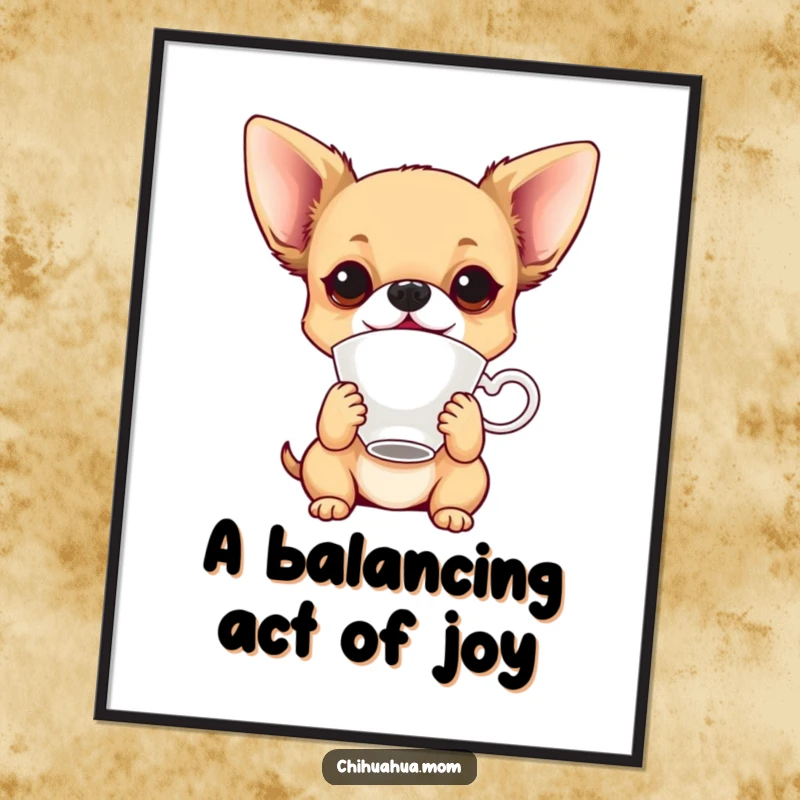 Funny Free Printable Wall Art: Playful chihuahua balancing a teacup on its nose, a charming and humorous downloadable art piece.