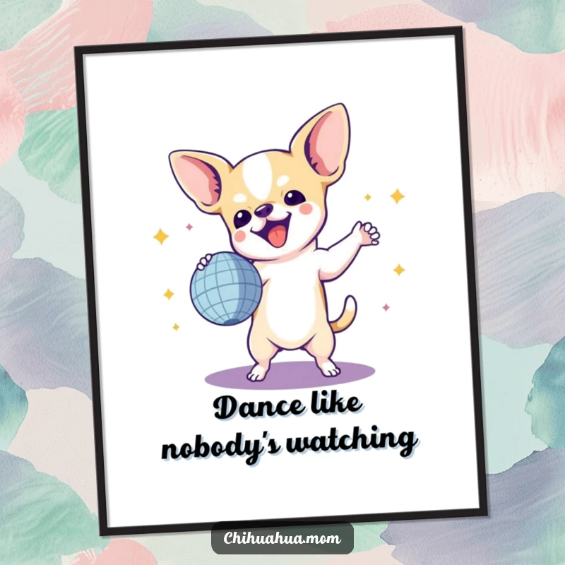 Funny Free Printable Wall Art: Chihuahua ecstatic, dancing wildly with a disco ball, bringing party vibes to any room.