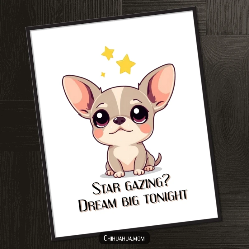 Funny Free Printable Chihuahua Wall Art: A curious dog looking up at a falling star, whimsical decor.