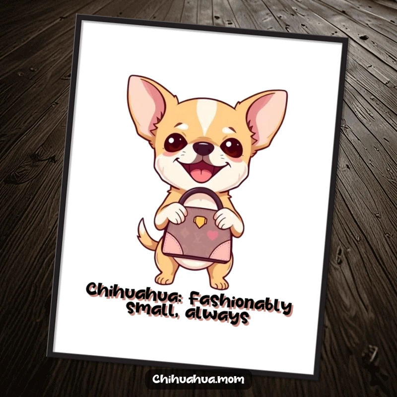 Funny Free Printable Wall Art of a chihuahua joyfully holding a miniature designer handbag, showcasing impeccable taste and style.
