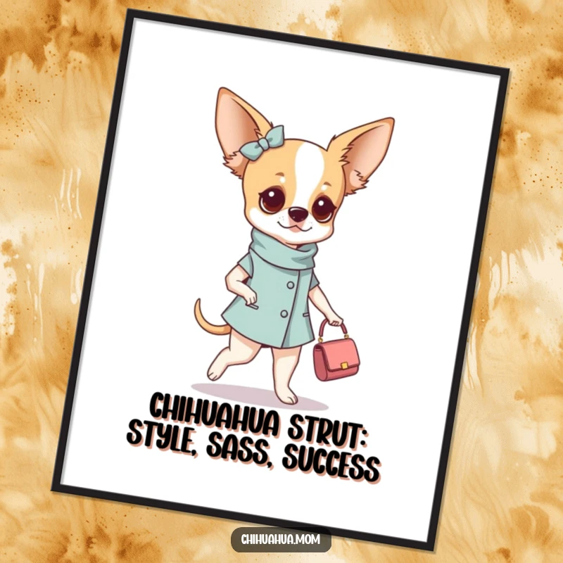 Funny Free Printable Wall Art: A sophisticated chihuahua woman struts her stuff with attitude and a tiny handbag.