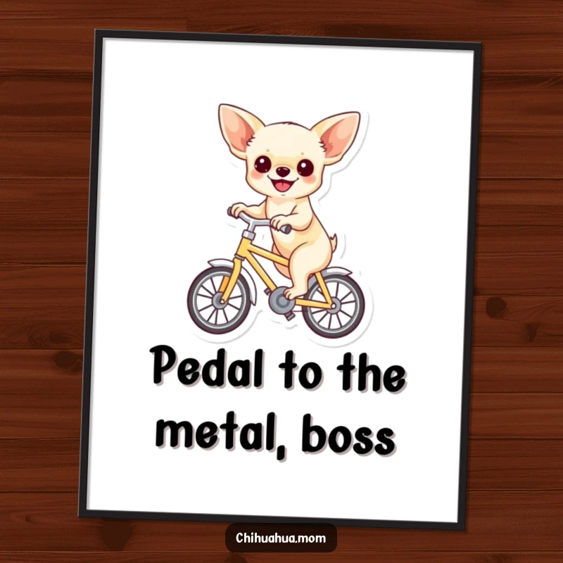Funny Free Printable Chihuahua Wall Art: Chihuahua with a huge smile riding a tiny bicycle, radiating pure happiness.