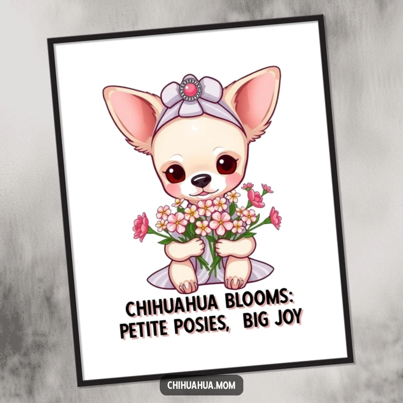 Funny Free Printable Wall Art: A pampered chihuahua lady beams as she receives an exquisite bouquet of tiny flowers.