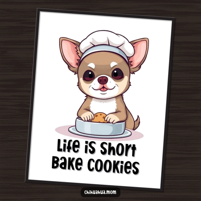 Funny Free Printable Wall Art: A chihuahua in a chef hat concentrates on baking a tiny, perfectly formed cookie.