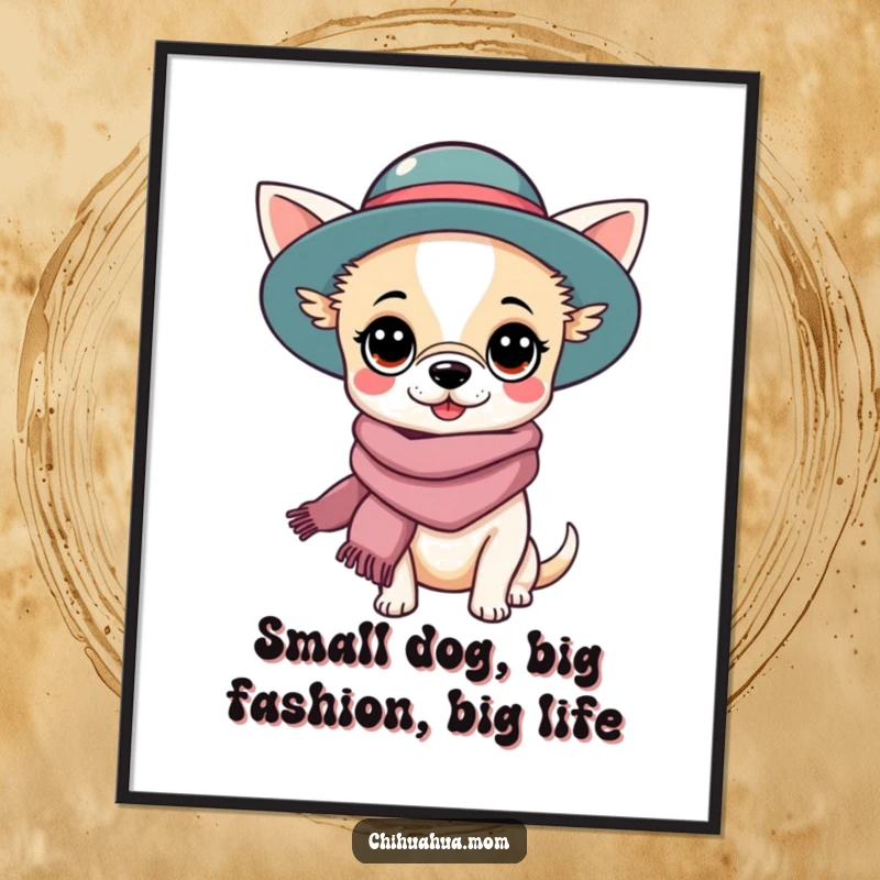 Funny Free Printable Wall Art: Stylish Kawaii chihuahua lady exuding fashion with a hat and scarf.