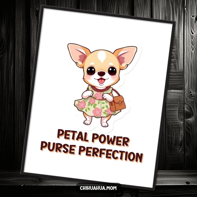Funny Free Printable Wall Art: A chihuahua flaunting a floral dress and happily posing with a stylish purse.