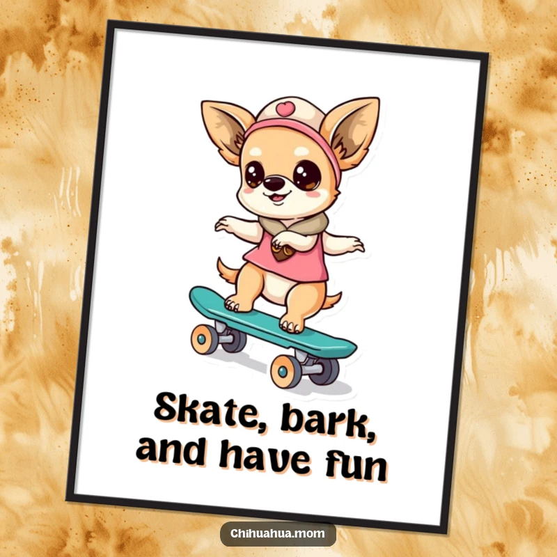 Funny Free Printable Wall Art: Kawaii Chihuahua lady performing a fun trick on a miniature skateboard, a dynamic and amusing piece.