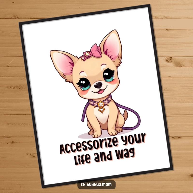 Funny Free Printable Wall Art: Kawaii Chihuahua lady posing elegantly with a dazzling sparkly collar and leash, a chic and amusing piece.