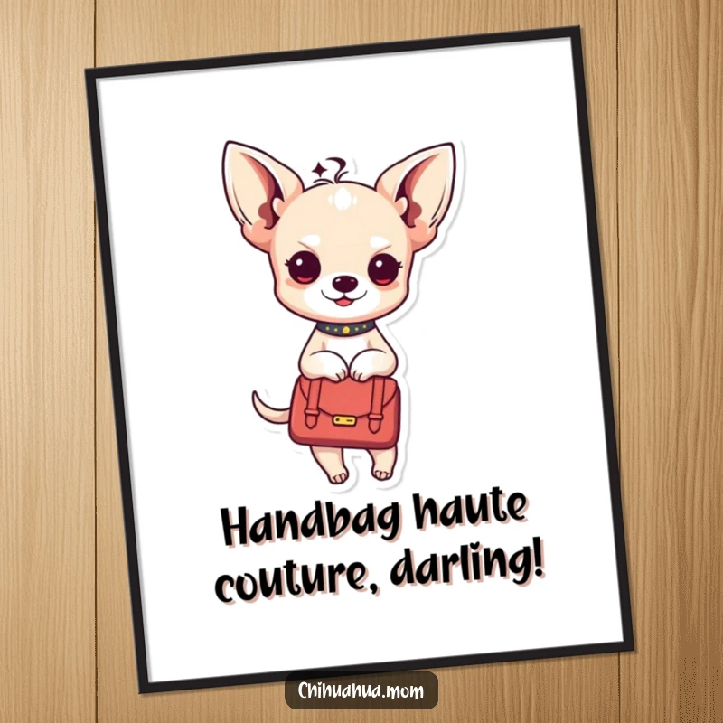 Funny Free Printable Wall Art: Kawaii chihuahua lady enjoys a chic ride in a fashionable handbag.