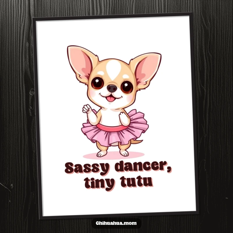 Funny free printable wall art of a chihuahua wearing a tutu, striking a sassy, confident pose with attitude.
