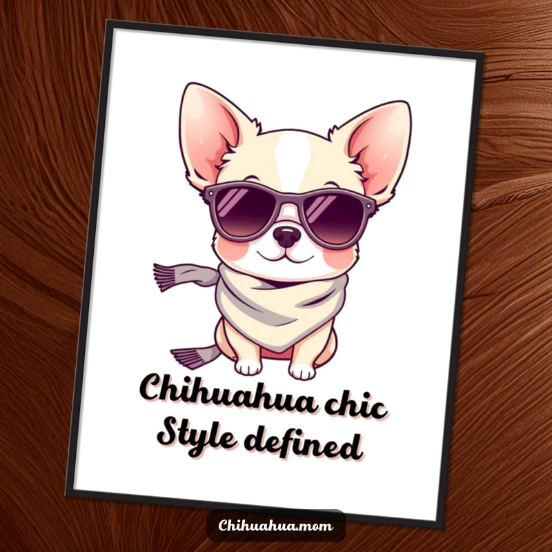 Funny Free Printable Wall Art: A tiny chihuahua rocking stylish sunglasses and a fashionable scarf, exuding cool confidence.