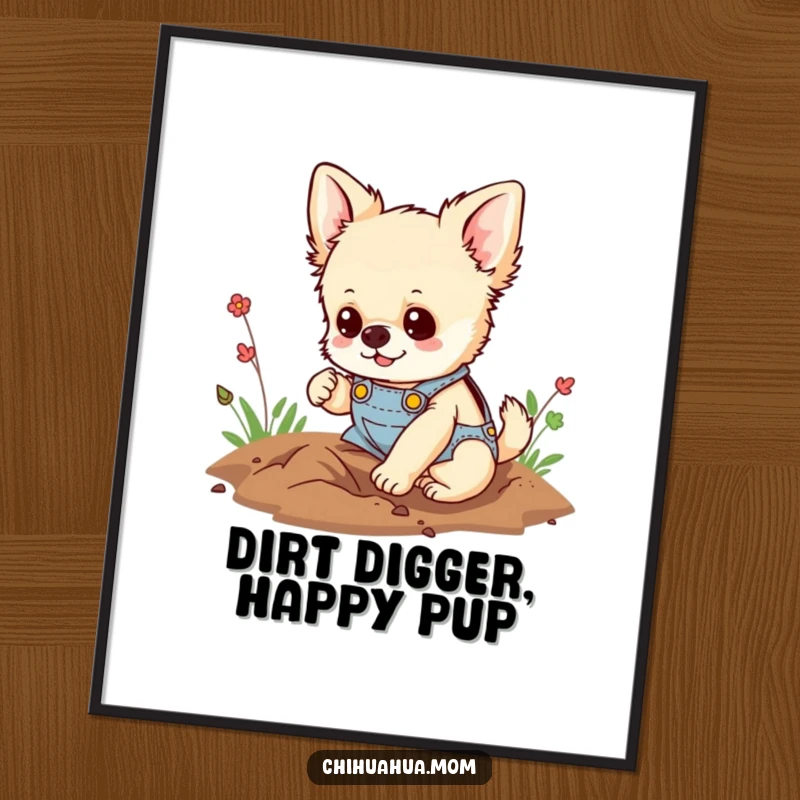 Funny Free Printable Wall Art: Fluffy chihuahua in overalls digging a hole with happy determination, energetic downloadable decor.