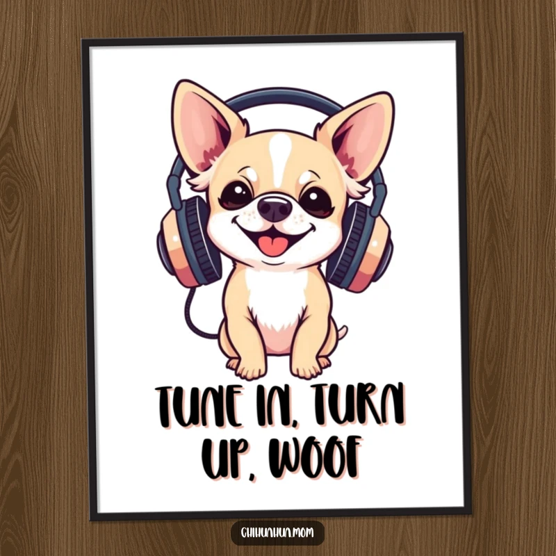 Funny Free Printable Wall Art: A chihuahua gleefully wears large headphones, radiating happiness and a love for music.
