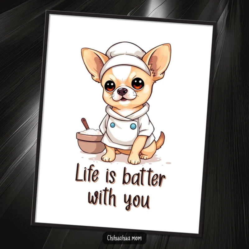 Funny Free Printable Wall Art: Chihuahua dressed as a baker, covered in flour, with a proud, floury grin.